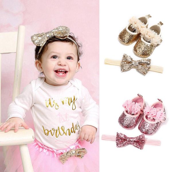 

cute glitter lace flower bows baby girl headband shoes set non-slip born toddler princess gift first walkers