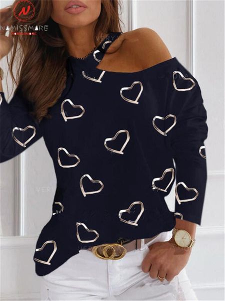

women's t-shirt fashion women heart print t-shirts hollow out design halter off shoulder long sleeve spring autumn casual loose pullove, White