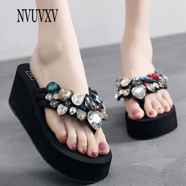 

slippers summer flip-flops fashion platform women's shoes trend wild rhinestone beach comfortable simple sandals sh622, Black