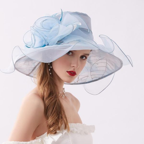 

headpieces organza wedding hats for women chiffon lace big brim exaggerate elegant mesh sunshade accessories bridal headwear, Silver