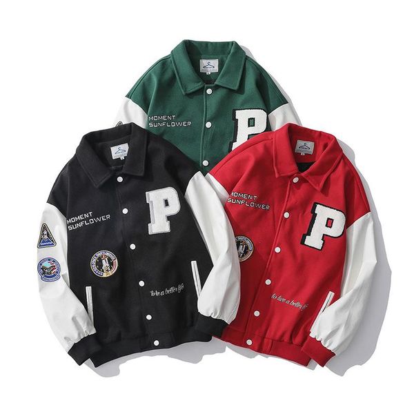

men's jackets 2021 autumn baseball uniform jacket casual loose fashion stitching contrast color lapel letter embroidery couple, Black;brown