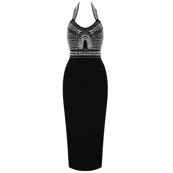 

casual dresses 2021 fashion women black sleeveless halter beading white knee length bodycon bandage elegant designer dress wholesale, Black;gray
