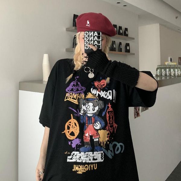 

women's t-shirt 2021 summer korean style harajuku couple cartoon jacket loose black short sleeve graphic t shirt female hipster, White