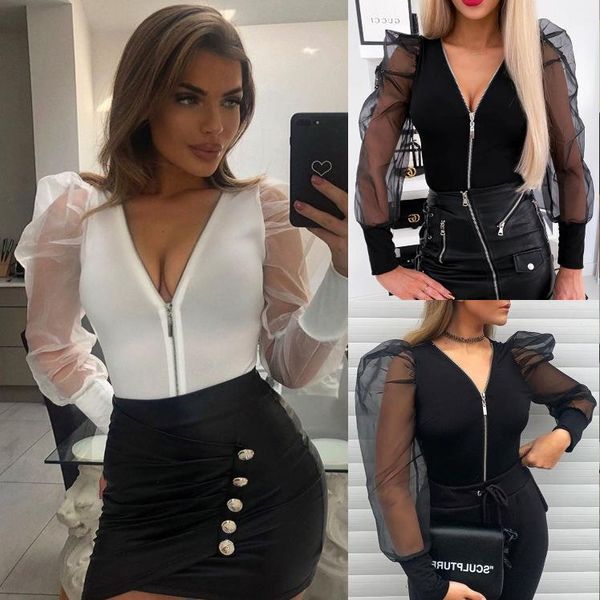 

women's jumpsuits & rompers women bodysuit long sleeve skinny overalls fashion mesh see through solid color zipper puff, Black;white