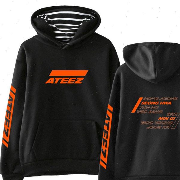 

ateez print fake two womens hoodie pieces casual kpops harajuku cool and fashion style clothes, Black
