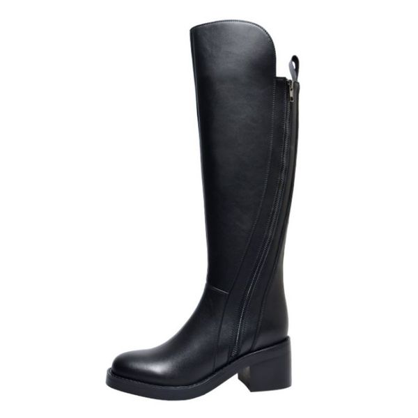 

new knee high boots ladies real leather square toe winter womens shoes fashion party long boots footwear size 34-40, Black
