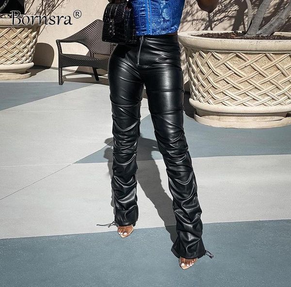 

women's pants & capris bornsra 2021 summer trousers high-waist bag hip fashion casual footwear imitation leather woman, Black;white