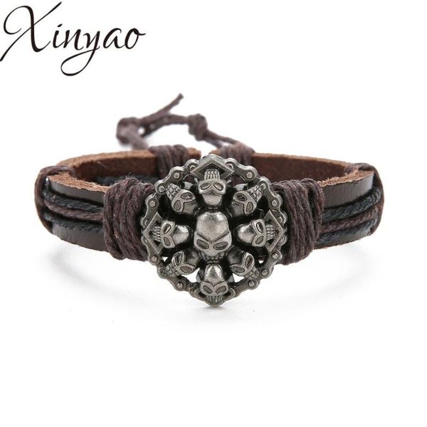 

charm bracelets xinyao skeleton skull punk leather for men women vintage feather rope weave handmade braided bracelet jewelry, Golden;silver
