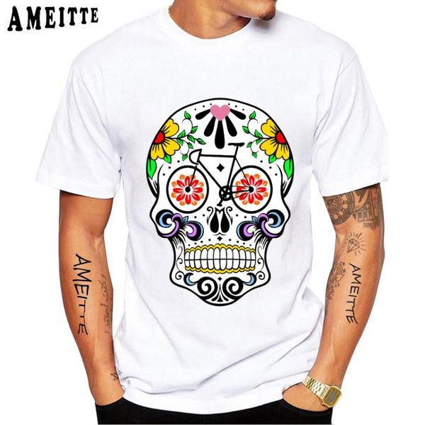 

men's t-shirts sugar skull bike ride fixed gear bikes print men t-shirt summer bicycles sport white casual hip hop boy cycling tees, White;black