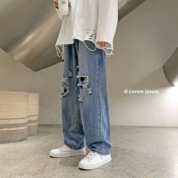 

jeans blue wide-leg men's fashion casual ripped jeans men streetwear korean loose hip-hop hole straight denim trousers mens