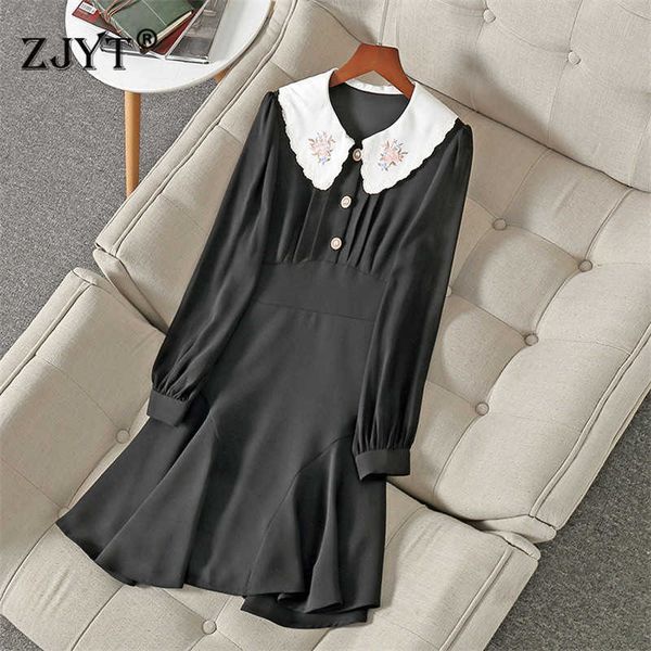 

europe fashion woman clothes runway designers long sleeve embroidery collar solid black empire dress spring vestidos 210601, Black;gray