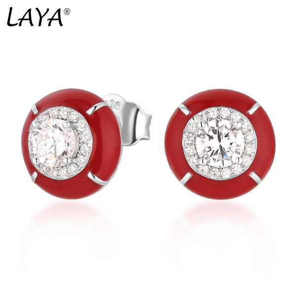 

laya 925 sterling silver zircon stud earrings for women fashion new style red handmade enamel luxury classic jewelry wedding party, Golden;silver