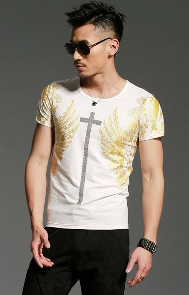 

bronzing mens wings casual t gold shirts angel o-neck white cross print men's short sleeve slim men t-shirts tees, White;black