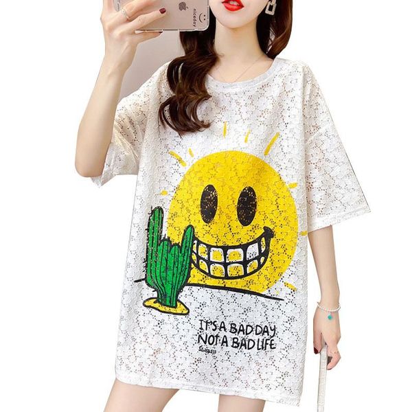 

women's t-shirt vefadisa plus size women lace hollow out t shirt 2021 cartoon printed female casual zqy082c, White