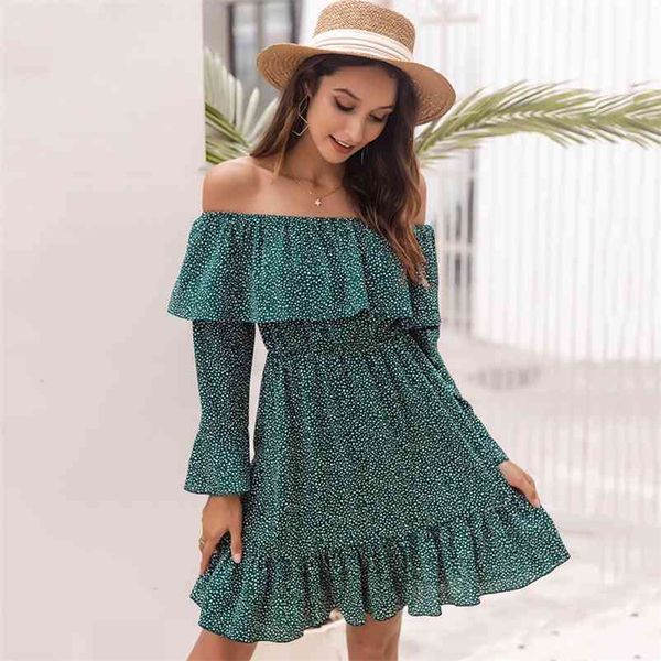 

women's vintage polka dot dress shirt autumn off shoulder casual dress women winter dress ruffled vestidos 210415, Black;gray