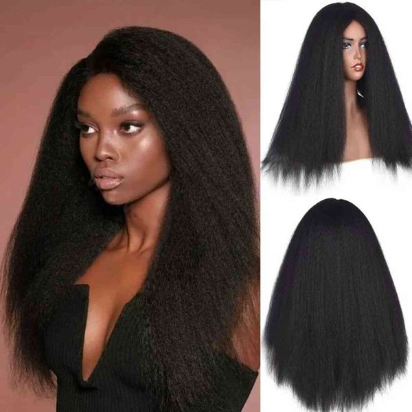 

2022 women fashion ffy long kinky straight hair synthetic wig bla straights hairs 22 inch, Black;brown