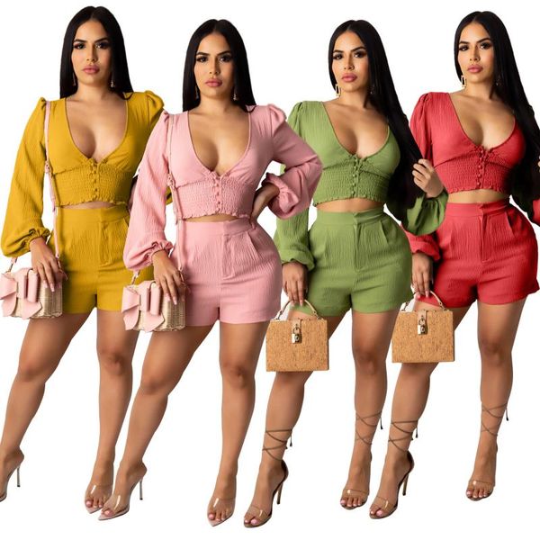 

two piece dress 2021 spring women cotton pieces set v-neck puff sleeve tracksuit summer clothes for solid 4 color, White
