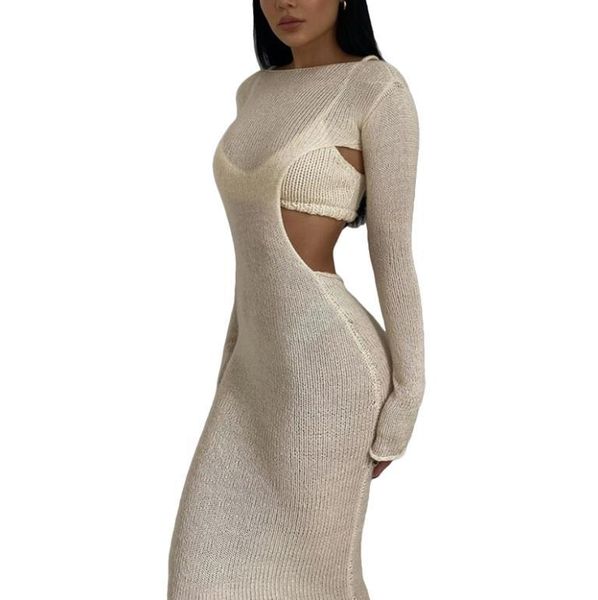 

casual dresses women close-fitting two-piece clothes set, apricot solid color backless dress and camisole, s/ / l, Black;gray