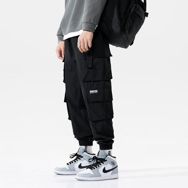 

men multi-pocket streetwear casual sweatpants pant hip hop slim fit trousers pocket male 2021 joggers cargo pants men's, Black