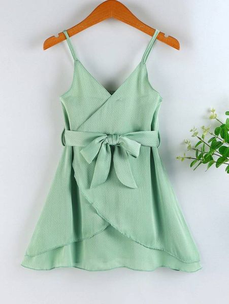 

little girl's cross collar wrap hem belt suspender dress she, Red;yellow