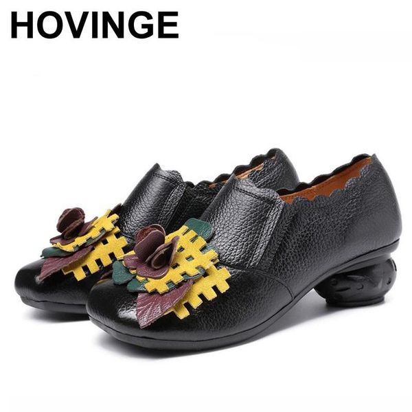 

dress shoes hovinge spring 2021 retro handmade floral women pumps genuine leather chunky heels round toe high sandals, Black