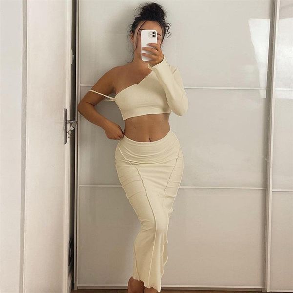 

women's pants & capris ins style 2021 autumn fashion one shoulder long sleeve t-shirt slim split skirt set, Black;white