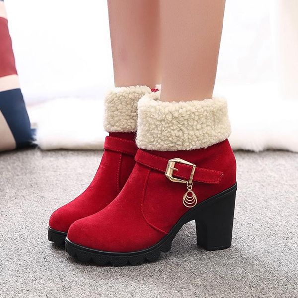 

boots 2021 winter high heel women's platform warm plush square heels shoes ladies fashion brand ankle snow, Black