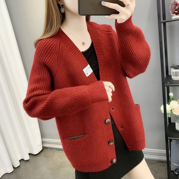 

cardigan coat womens knitted short spring and autumn new loose and idle v-neck retro easy matching red sweater women, White;black