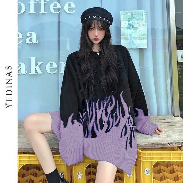 

yedinas korean style loose knitted sweater flame o-neck batwing sleeve casual pullover hip hop streetwear fashion oversize 210527, White;black