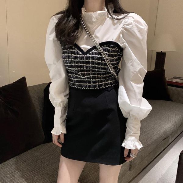 

ruffle stand neck women blouse korean fashion puff long sleeve shirt 2021 patchwork fake two pieces blusa women's t-shirt, White