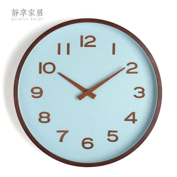 

wall clocks nordic clock solid wood silent large modern watch home wooden needle blue watches decor duvar saati gift fz788