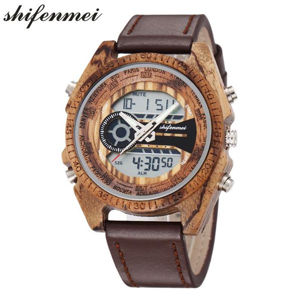 

wristwatches shifenmei wooden watch men's luxury dual time digital watches for men japanese quartz s2139l, Slivery;brown