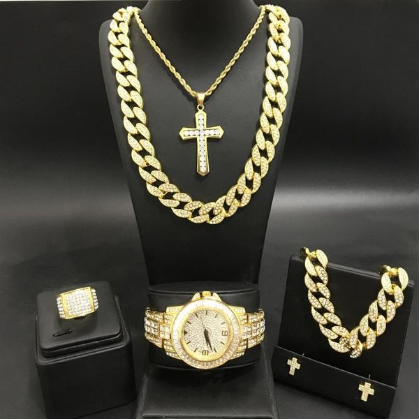

earrings & necklace luxury men gold color watch neckalce braclete ring combo set in crystal out cuban chain, Silver