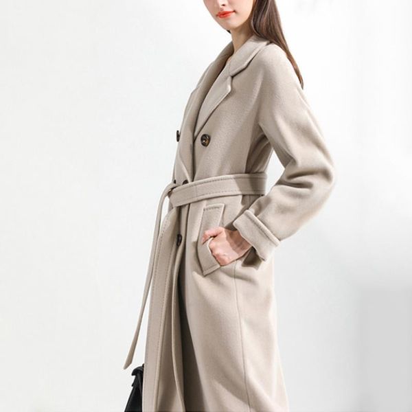 

women's wool & blends 2021 autumn/winter elegant coat double-breasted long loose belt cashmere camel clothes, Black