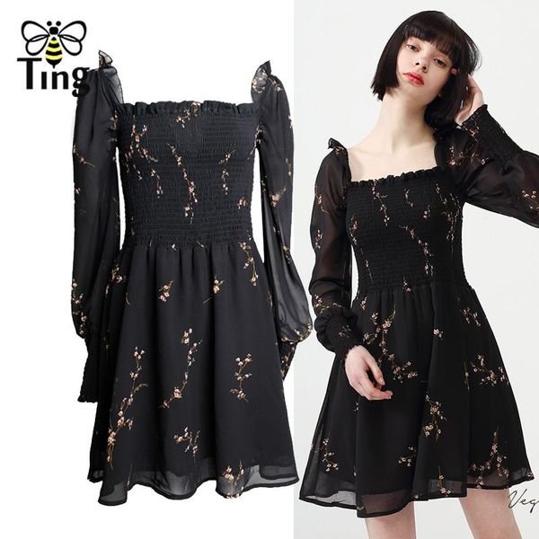 

casual dresses tingfly sweety preppy style floral mini dress slash neck elastic waist short black summer streetwear vestidos, Black;gray