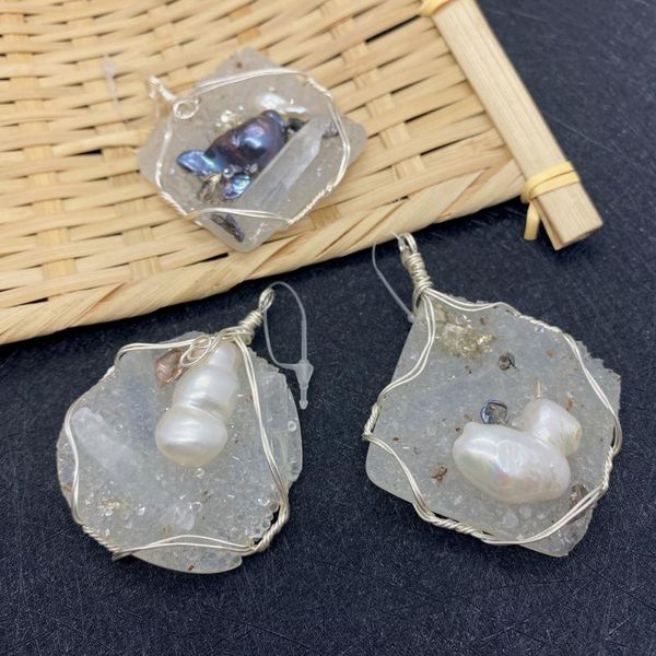

charms 1pcs natural crystal inlaid pearls copper wire winding pendant irregular shape crafts diy jewelry making pearl necklace, Bronze;silver