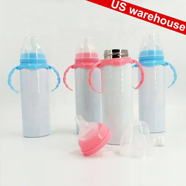 Us Warehouse! 8oz de copos de sublimação copo em branco copo de copo de leite de leite garrafa de garrafa de caneca rosa azul em aço inoxidável garrafas para crianças criança 1-5 entrega rápida