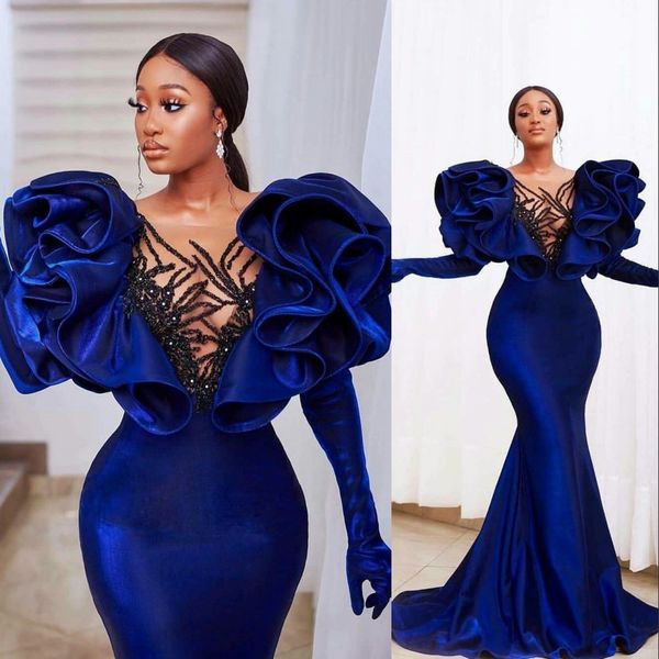 2021 Modest Samt Royal Blue Mermaid Prom Kleider Plus Größe Rüschen Kristall Perlen Flügelärmeln Elegante Formale Abendkleider vestido284r