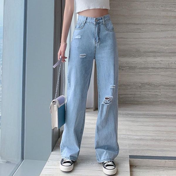 

women's jeans summer thin ripped hole high waist wide leg straight loose for women s  l xl, Blue