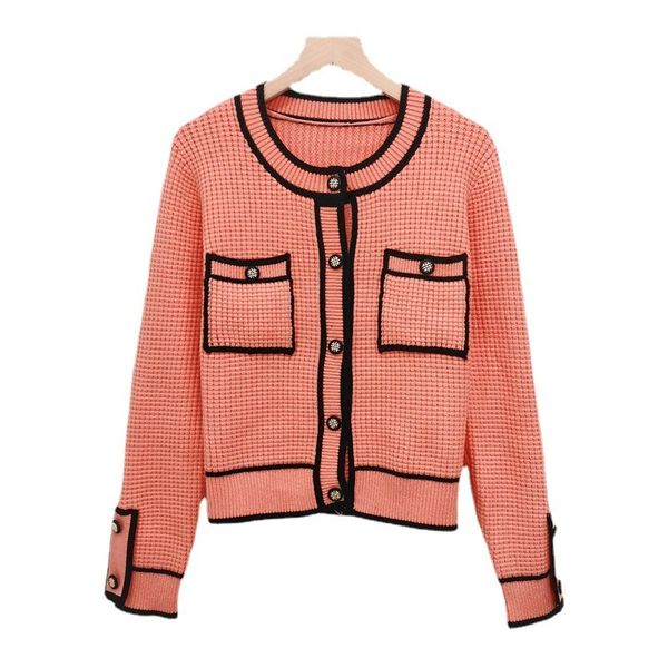 

sweater knit 2021 early autumn small fragrance color contrast long sleeve ted cardigan women's thin loose casual round neck coat wear, White;black