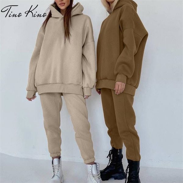 

women's tracksuit fleece hooded two piece set oversized hoodies jogger pants sets female autumn casual lady sportswear suit 211214, White
