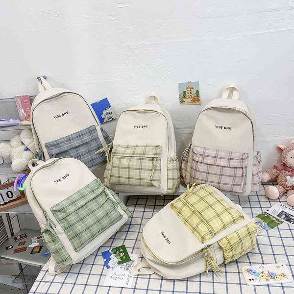

2021 lattice fashion women backpack canvas waterproof university bags for girls large capacity backpack with many pockets y1105