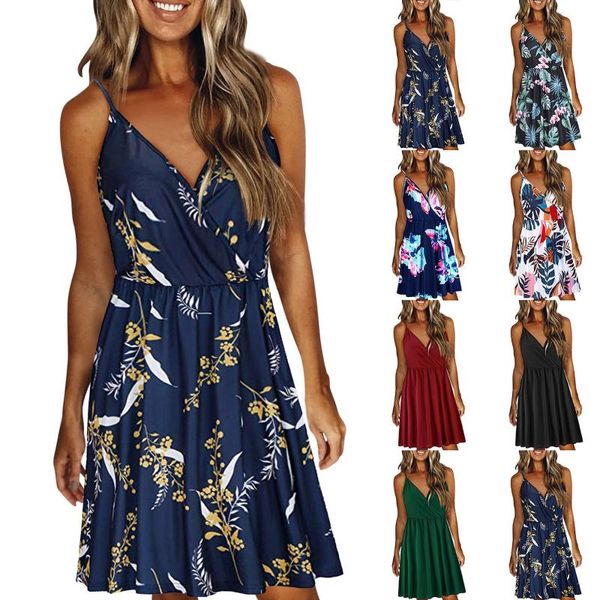 

casual dresses women floral printing dress summer v-neck strap swing bohomian backless party roupas femininas 2021 #t1q, Black;gray