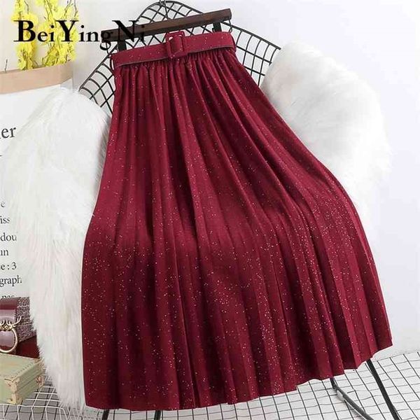 

beiyingni high waist skirts womens belt fashion metallic party midi pleated long skirt black pink casual korean falda mujer saia, Black;gray