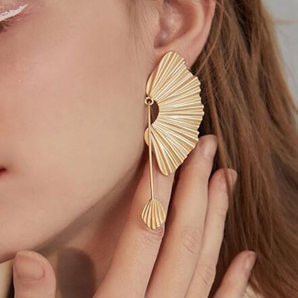 

exaggerated fan-shape pendant drop earrings for women oversize gold color folds leaf stainless steel earrings punk party jewelry, Silver