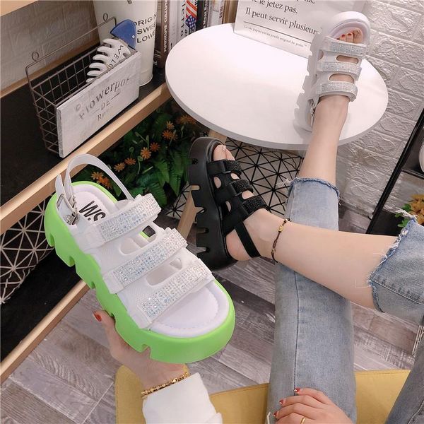 

sandals european station rhinestone canvas thick bottom trifle slope with one word open toe women's sports beach shoes, Black