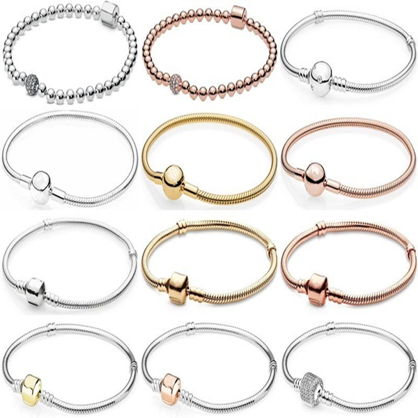 

original beads & pave crystal ball & barrel clasp snake chain bracelet fit bangle 925 sterling silver charm diy jewelry gift, Black