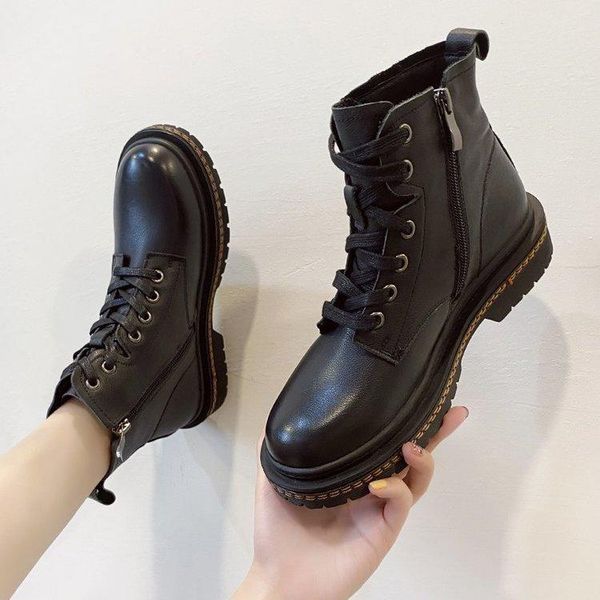 

boots 2021 women's thin side zipper single british fan car short, Black