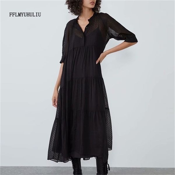 Schwarzes Chiffon-Kleid für Damen, halbe Ärmel, Stehkragen, lang, gepunktet, transparent, durchsichtig, sexy Party 210623