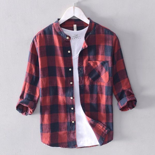 

mens cotton linen shirts plaid 3/4 sleeve casual shirt men stand collar flax social business dress male cloth ts-506 men's, White;black